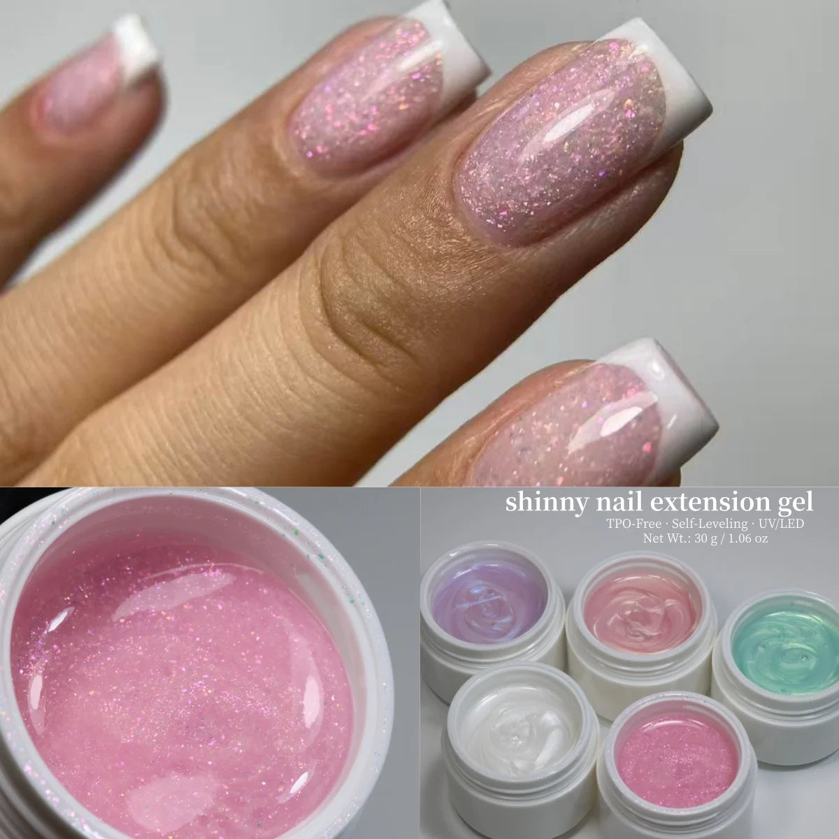 MSHARE 30g Pink Glitter Builder Nails Gel Pearl White Thread UV/LED Self Leveling TPO Free Nail Extension Gel Nail Construction