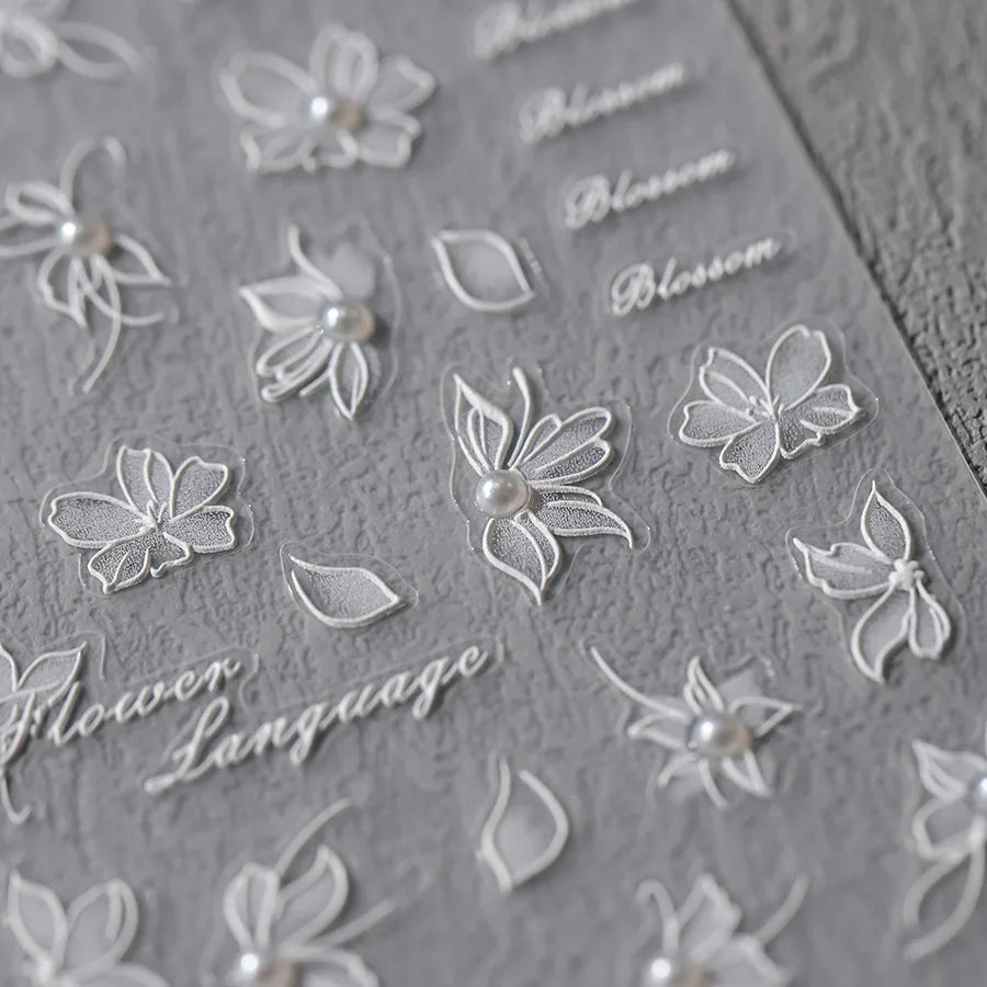 1pcs 5D Exquisite White Flower Nail Art Stickers Elegant Floral Self Adhesive Slider Blossom Decals Wedding Manicure Decoration