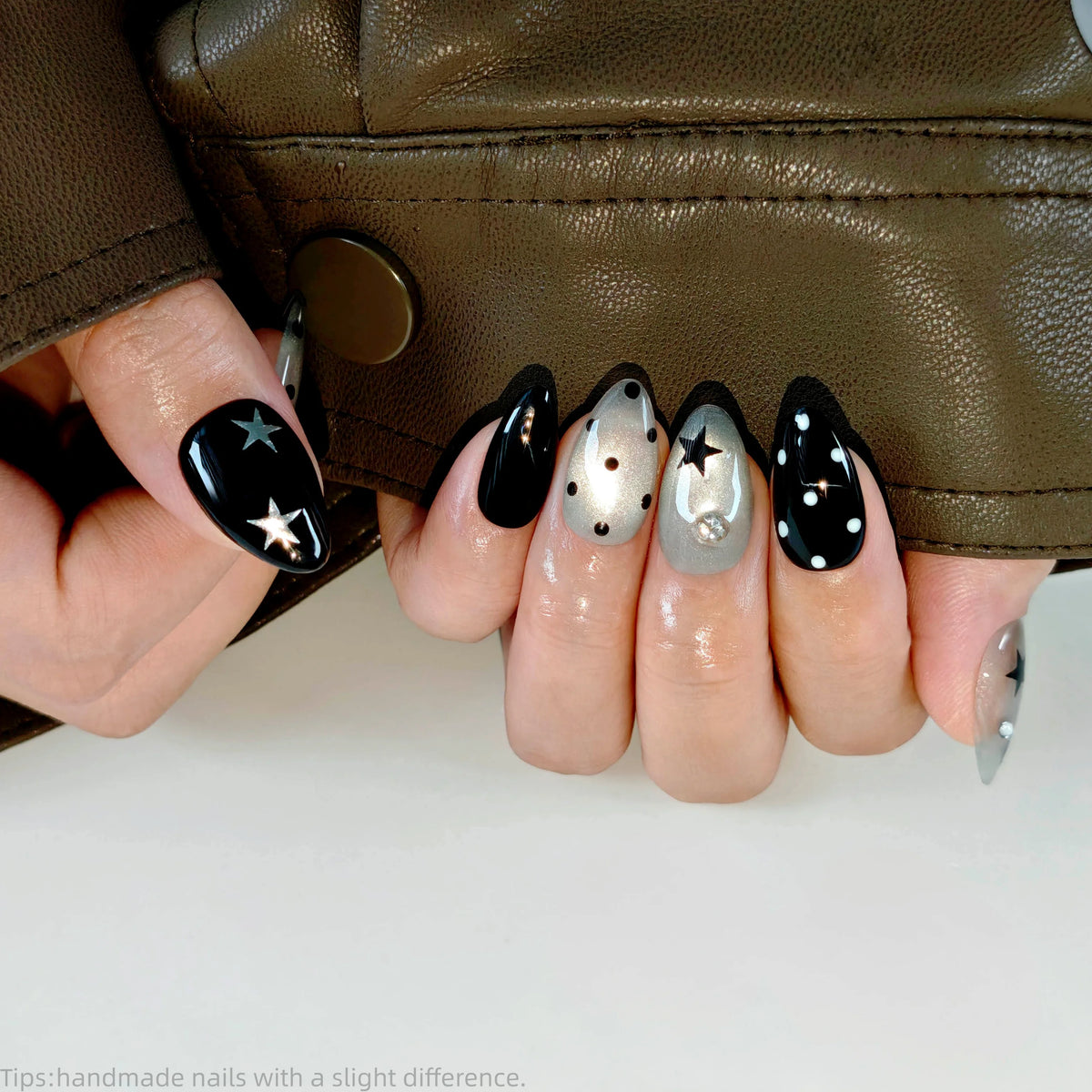 10pcs Y2k Handmade Press-On Nails,Black Cat Eye Polka Dots Short Almond Nails,For Women And Girls Vacation Or Everyday Wear