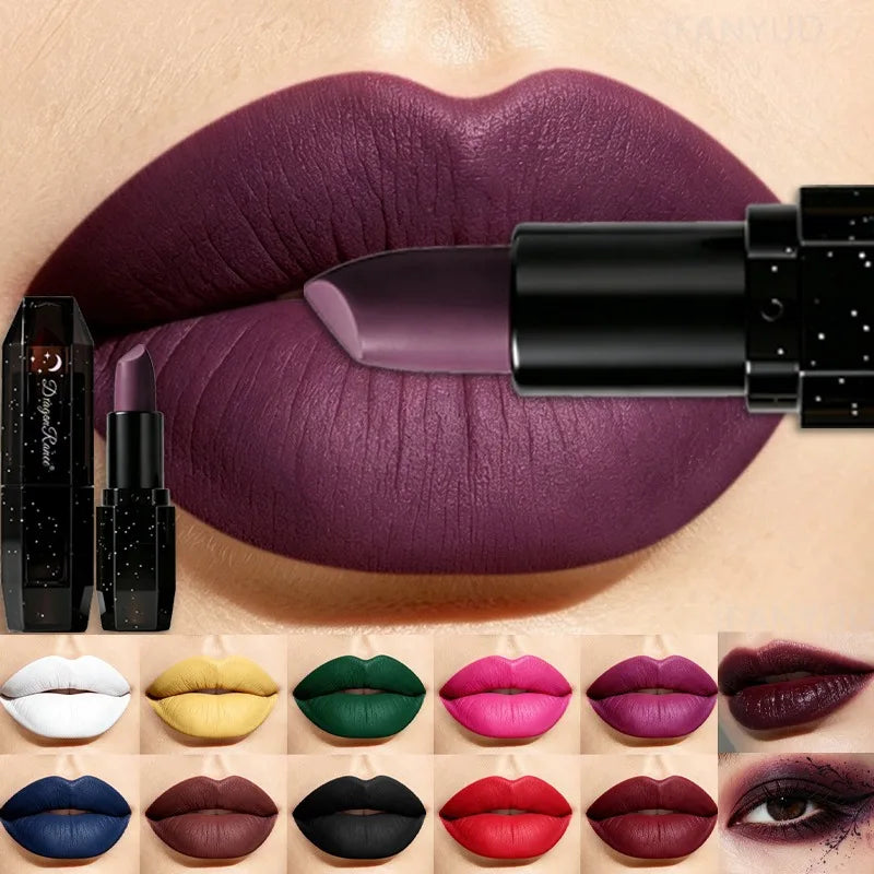 12 Colors Matte Gothic Lipstick Waterproof Long Lasting Vampire Black Bold Pigment  Lip Gloss for Halloween Cosplay Stage Makeup