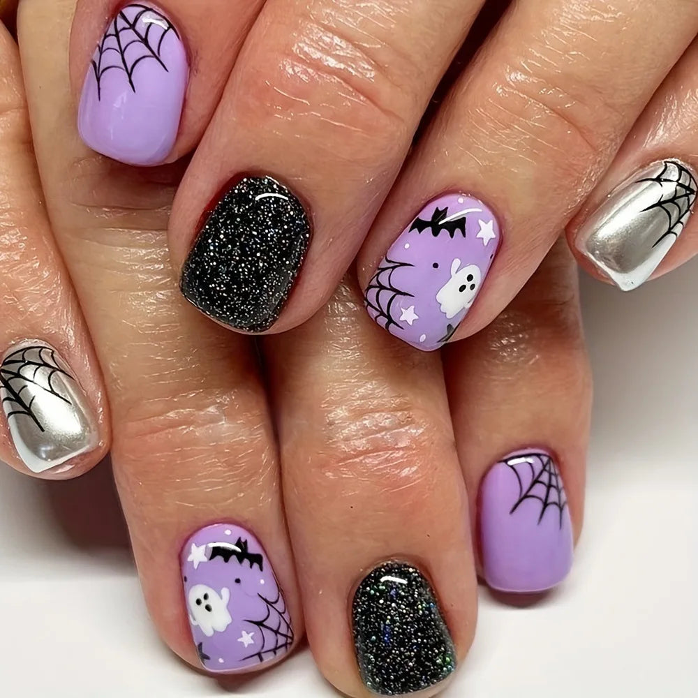 24Pcs Square Short Coverage Press On Nails Halloween Purple Shinne Funny Fake Nails Cute Ghost Reusable False Nail Star Wear