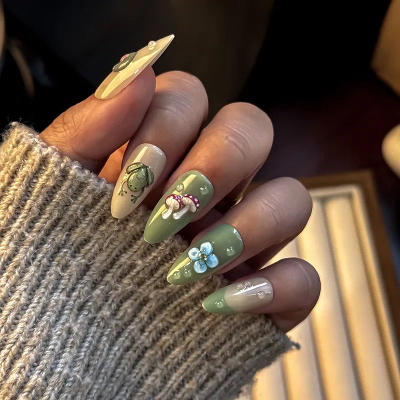 24PCS Summer Green Lotus Almond Press on Nails Cute Frog French Fake Nails for Women Fresh Flowers Wearable Manicure with Glue
