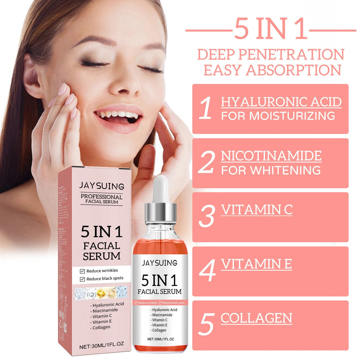 New 5 in 1 Facial Serum Hyaluronic Acid Niacinamide Vitamin C Brightening Fine Lines Moisturizing 30ml Facial Serum SkinCare