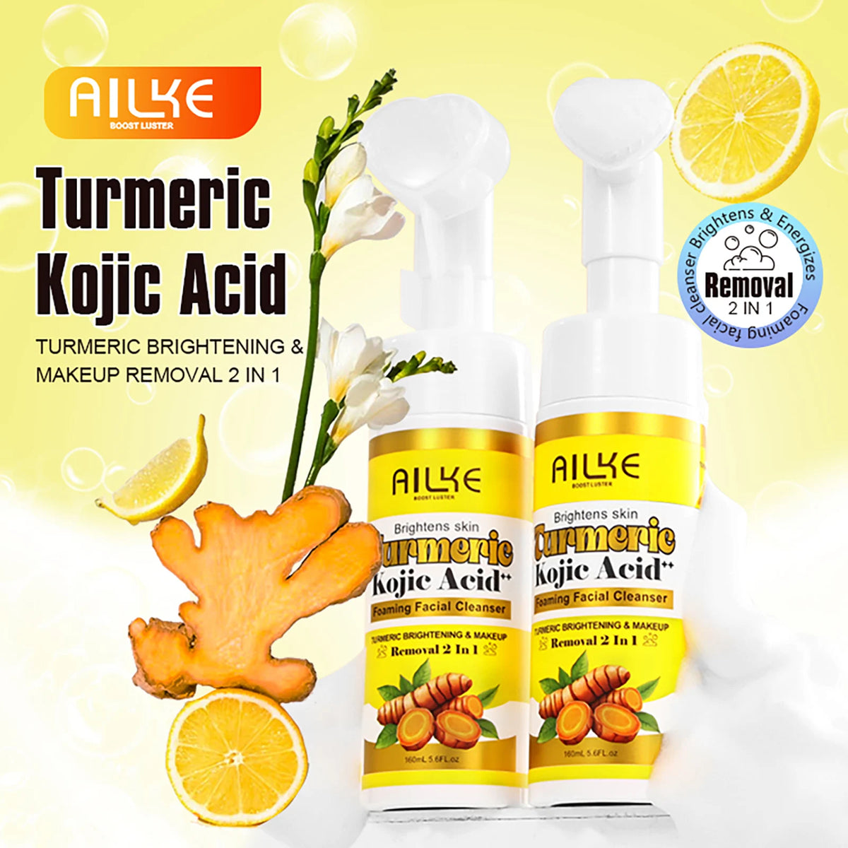 AILKE Brightening Foaming Facial Cleanser, With Natural Turmeric, Kojic Acid, Remove Makeup Residue and Acne, Clean Skin,160 ml