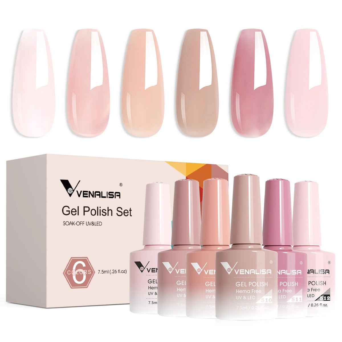 Rose Rubber Base Venalisa Nail Gel Polish 6pcs/Kit HEMA FREE Jelly Pink Color Self Leveling Gel Long Wear Nail Manicure Set