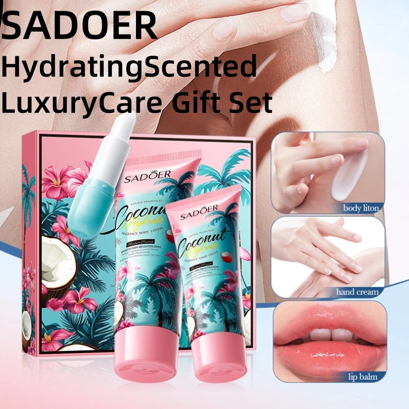 Sadoer Coconut Water Fragrance Luxury Gift Set, Includes Body Lotion 100g, Hand Cream 30g, Lip Balm 3.8g, Rich in Coconut Extract, with a Fresh Natural Coconut Scent, Deeply Moisturizing and Firming, Nourishes the Skin, Impro