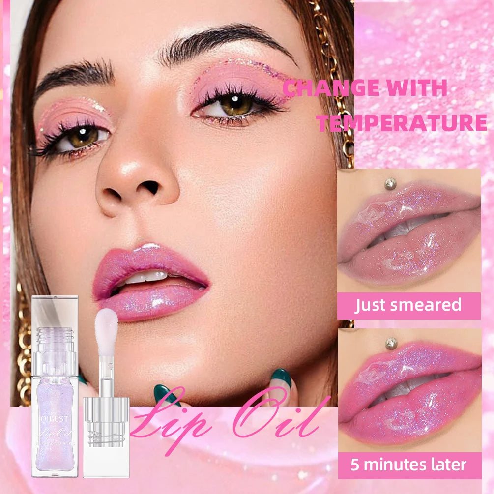QIBEST Lip Oil Magic Warm Color Changing Lipstick Balm Lip Glaze Transparent Moisturizing Lipgloss Shiny Glitter Lipgloss Oil