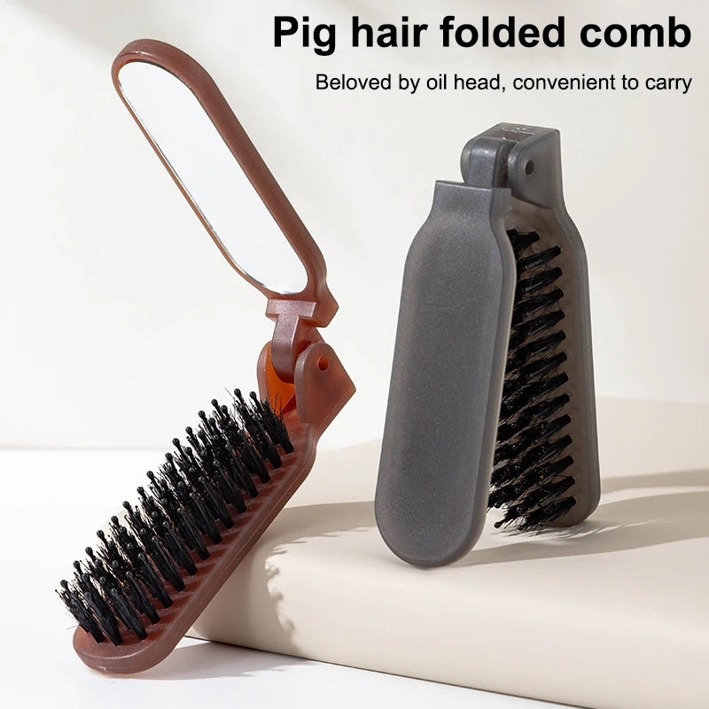 Mane Bristle Hair Brush Foldable Portable Comb With Mirror Pocket Collapsible Travel Massage Hair Styling Tool Salon Gift