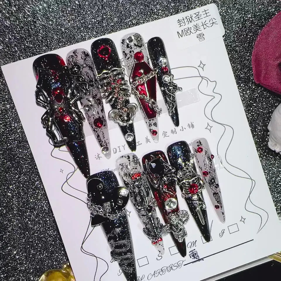 Gothic Dark Red Press On Nails With Metal Spiders Rhinestones 3D Casket Multiple Sizes