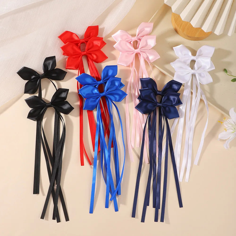 BABY BOWS 2Pcs Silky Satin Long Tassel Bow Hair Rubber Bands Sweet Ribbon Bow Hair Ties for Girls Head Decor