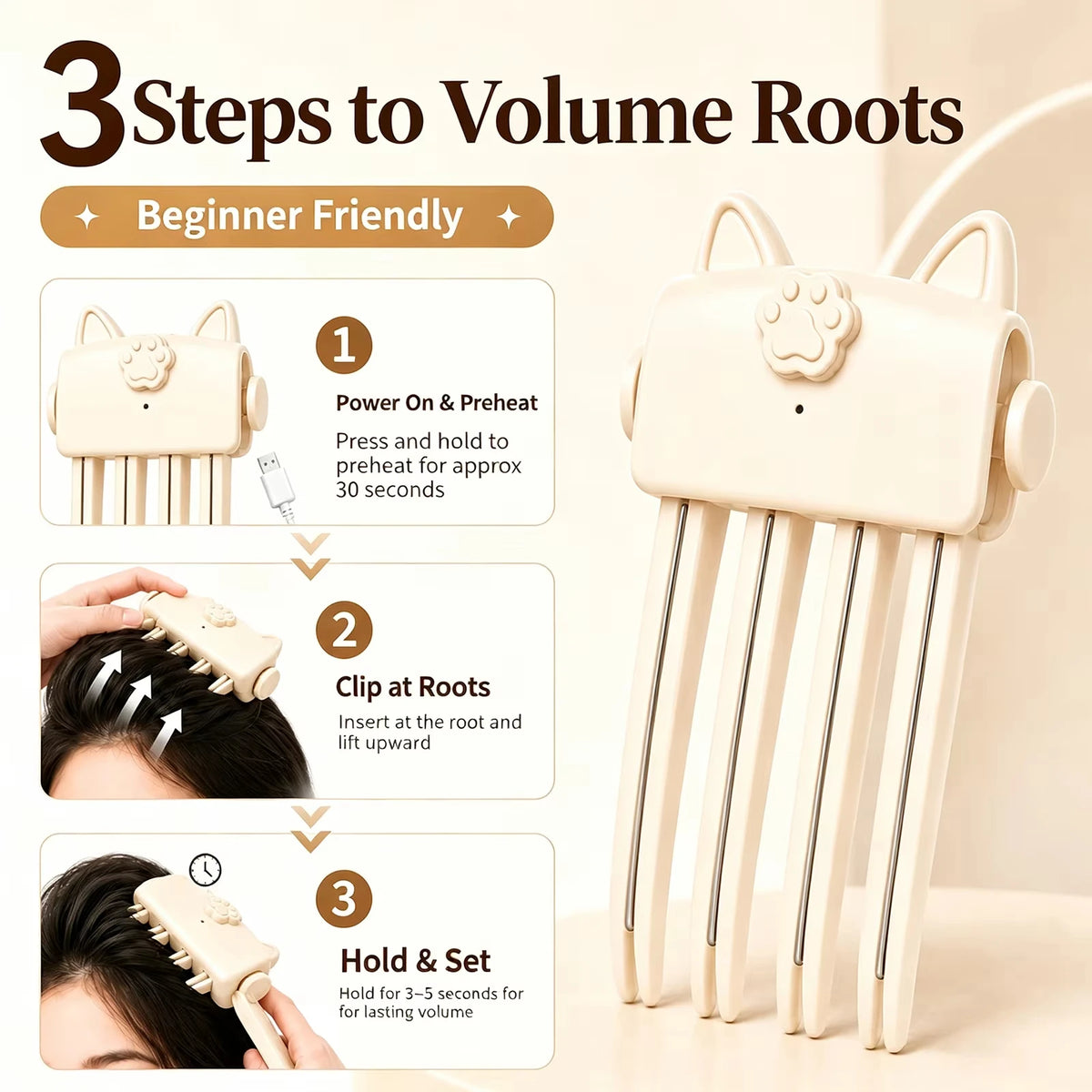Rechargeable Electric Volumizing Hair Clip, Cat Paw Wireless Heating Root Fluffy Hair Curler, Portable Quick Styling Hair Tool