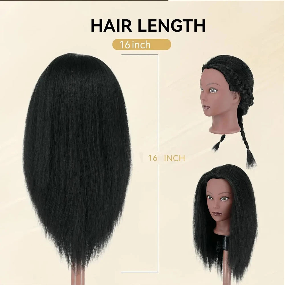 16"Human Hair Mannequin Head  for Braiding,Cosmetology Training Doll Head for Styling Practice With Stand