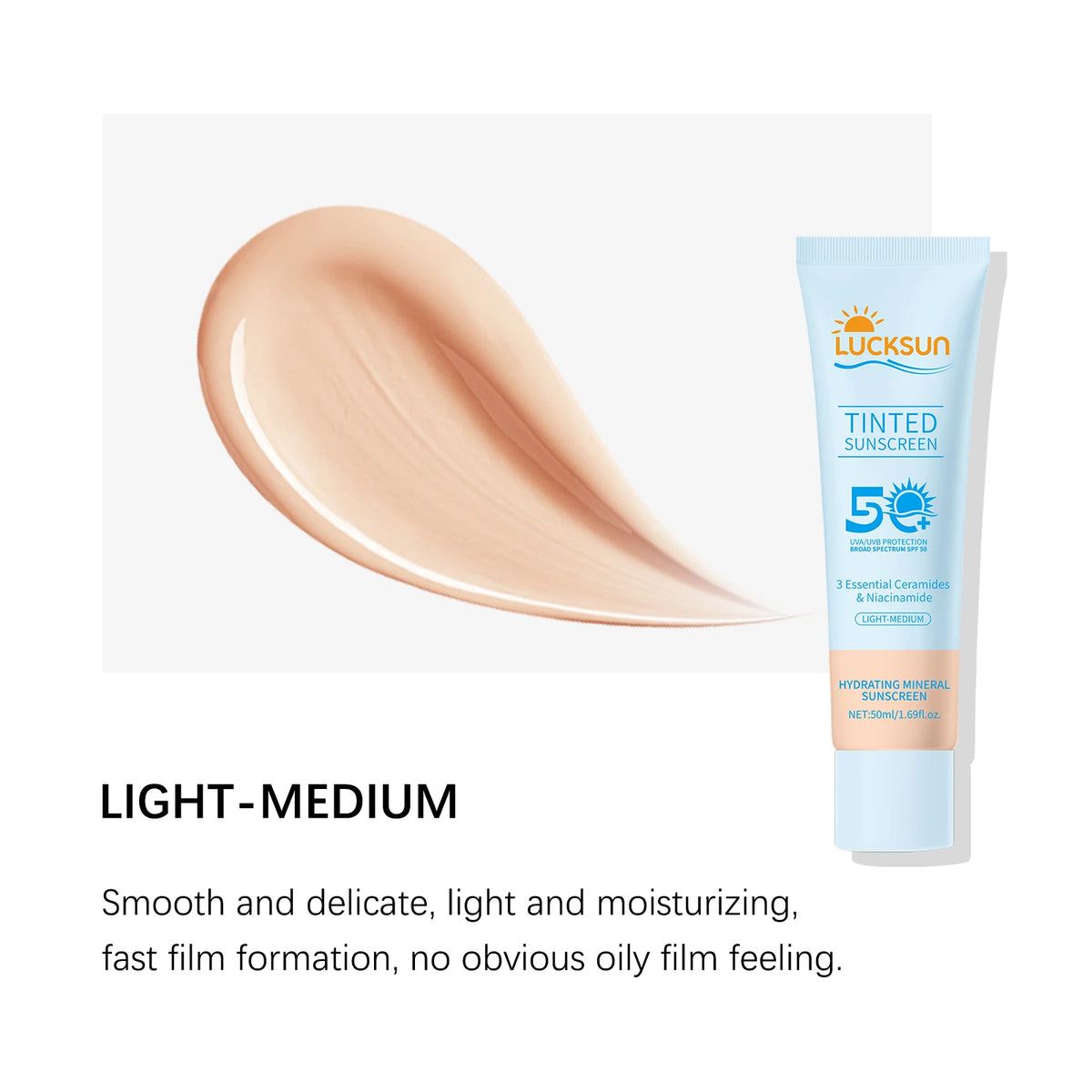 Tinted Sunscreen SPF 50 Hydrating Even Skin Tone Mineral Sunscreen with Ceramides Niacinamide for Light-Medium Skin Tones, 50ml