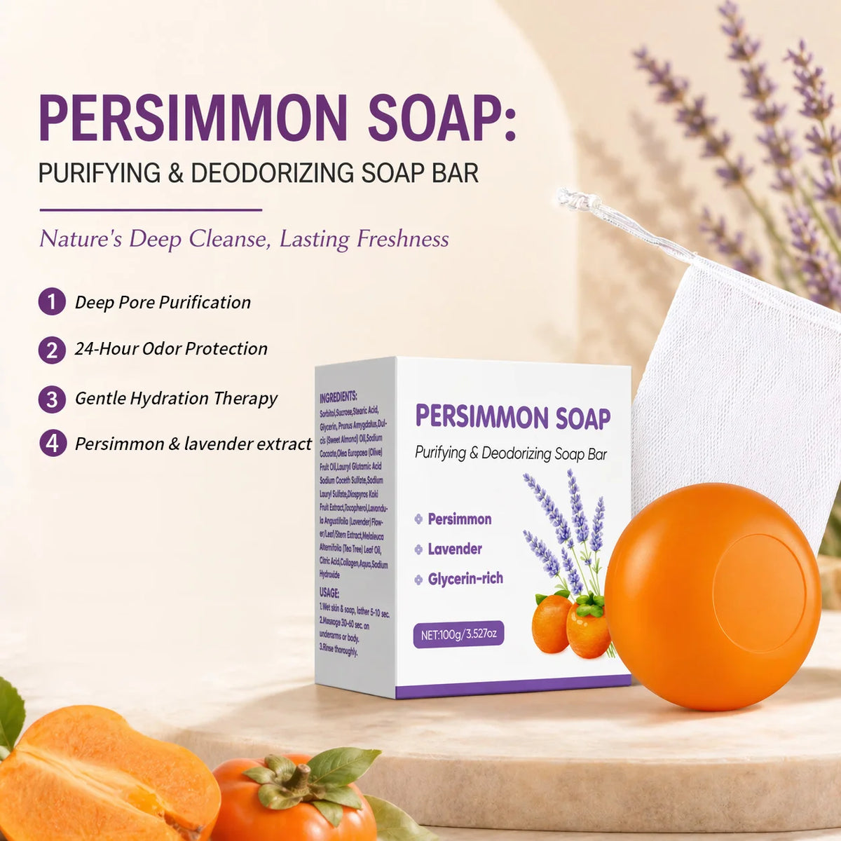 Persimmon Soap Bar,Japanese Persimmon & Lavender Extract For Men and Women, Purifying & Deodorizing Soap, Lavender Scent,100g