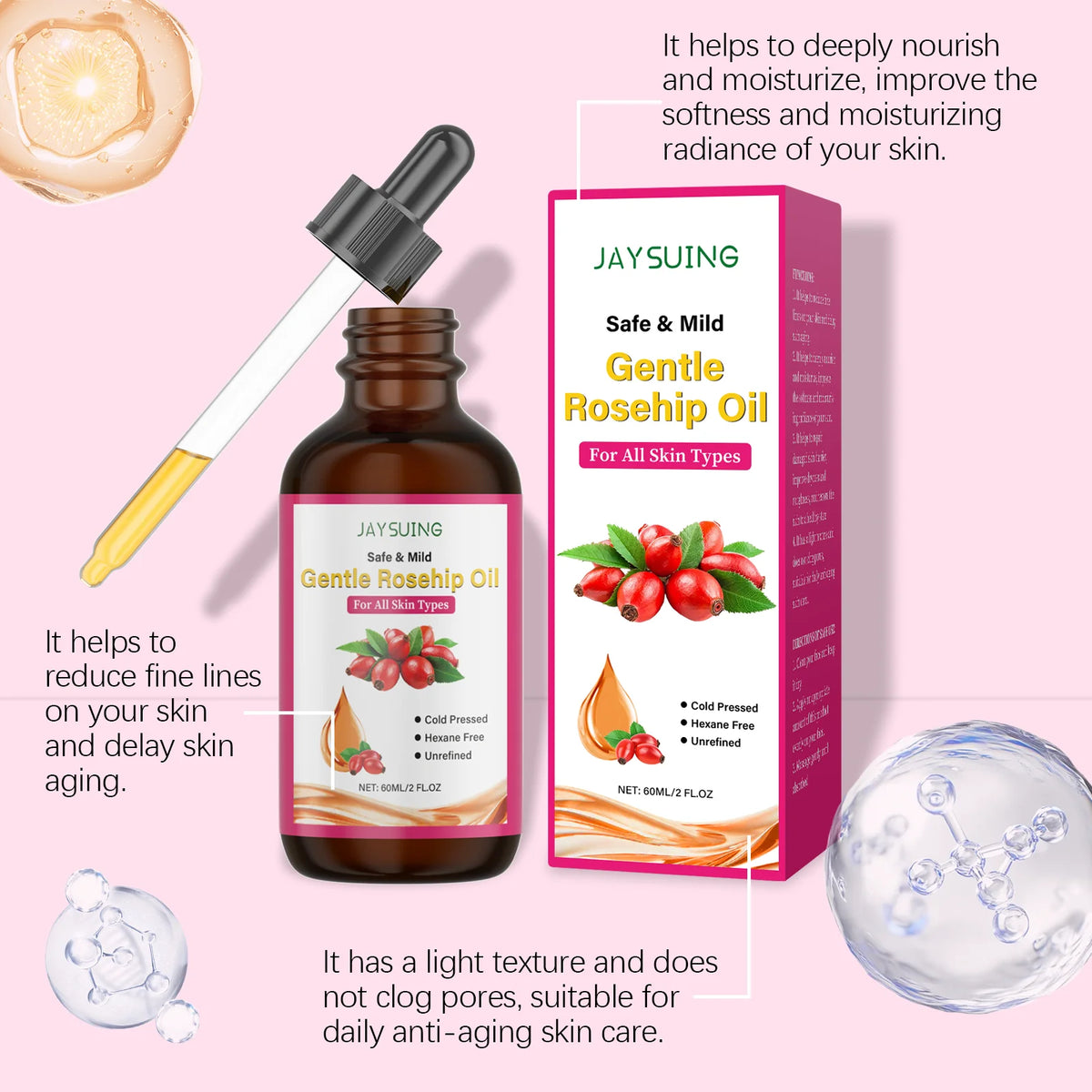 Rosehip Oil for Face Organic Anti-Aging Acne Scar Treatment Fade Fine Line Lifting Firming Moisturizer Wrinkle Reduction Essence