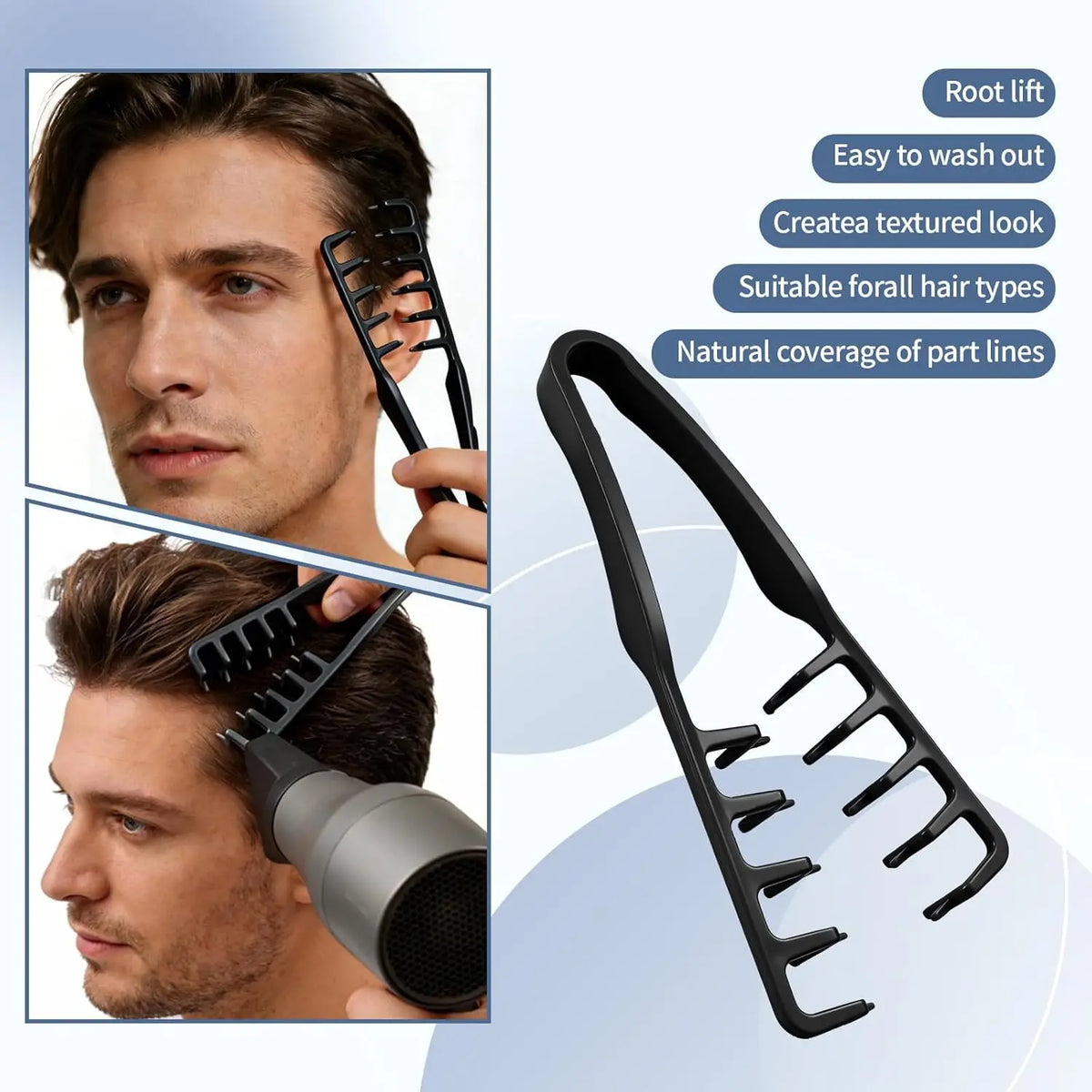 Volumizing Wide-Tooth Hair Styling Comb for Men, ABS Plastic with Textured Grip, Ideal for All Hair Types, Perfect for Home Use