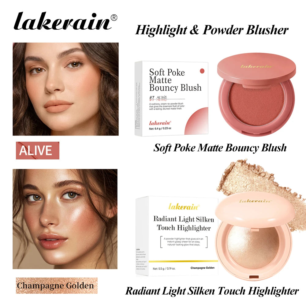Matte Blush & Silken Touch Highlighter Set Smooth Texture Non-Flying Powder Fine Pearl Glow  Waterproof Long Lasting Face Makeup