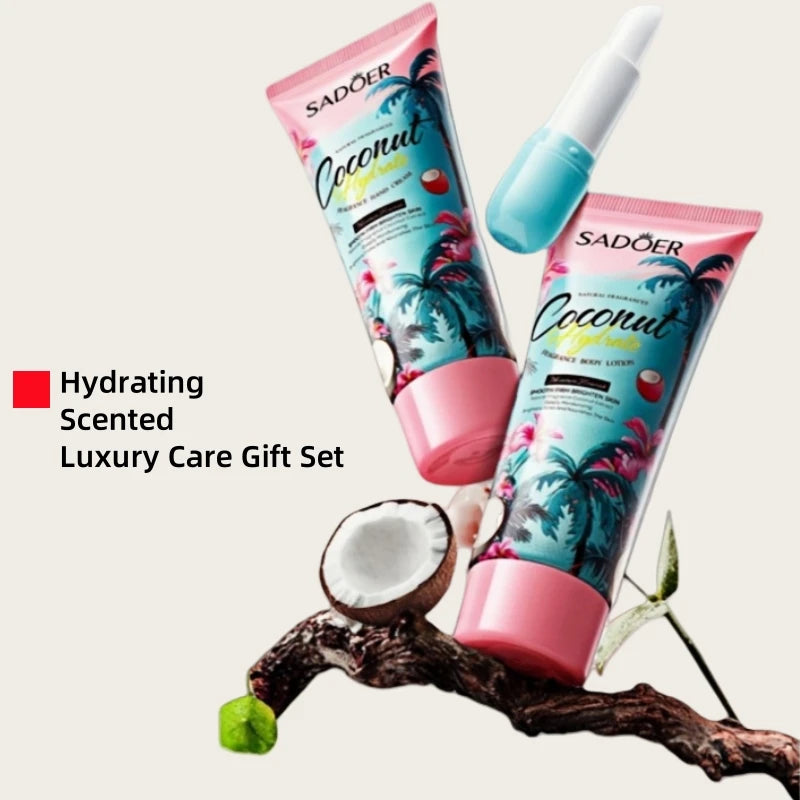 Sadoer Coconut Water Fragrance Luxury Gift Set, Includes Body Lotion 100g, Hand Cream 30g, Lip Balm 3.8g, Rich in Coconut Extract, with a Fresh Natural Coconut Scent, Deeply Moisturizing and Firming, Nourishes the Skin, Impro